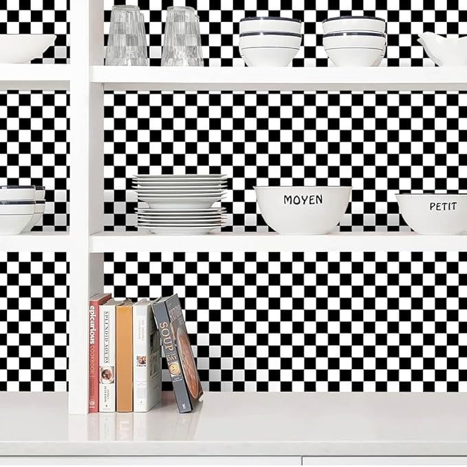 Black and White Contact Paper Mosaic Checkered Peel and Stick Wallpaper 17.3