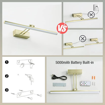 Picture Light,Battery Operated Picture Light with Remote, 16" Metal Art Light for Paintings,Rechargeable Display Lighting of Wall,Portrait,Gallery,Artwork(Antique Brass)