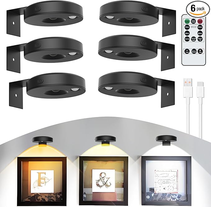6Pack Wireless Picture Lights for Wall Rechargeable Battery Picture Frame Light with Remote LED Magnetic Art Display Light Dimmable&Timer Wall Sconce for Painting Poster Artwork Home Lighting Decor