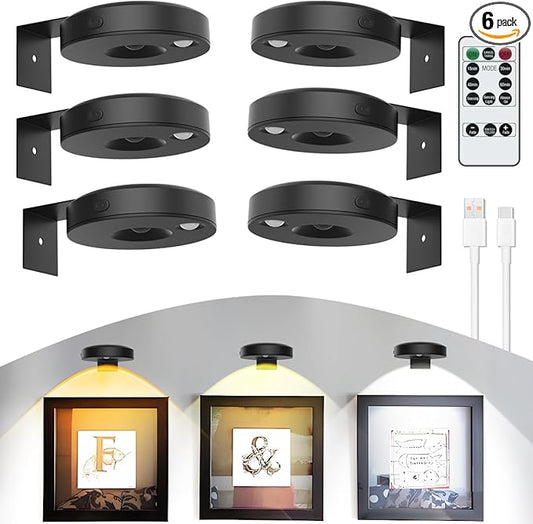 6Pack Wireless Picture Lights for Wall Rechargeable Battery Picture Frame Light with Remote LED Magnetic Art Display Light Dimmable&Timer Wall Sconce for Painting Poster Artwork Home Lighting Decor