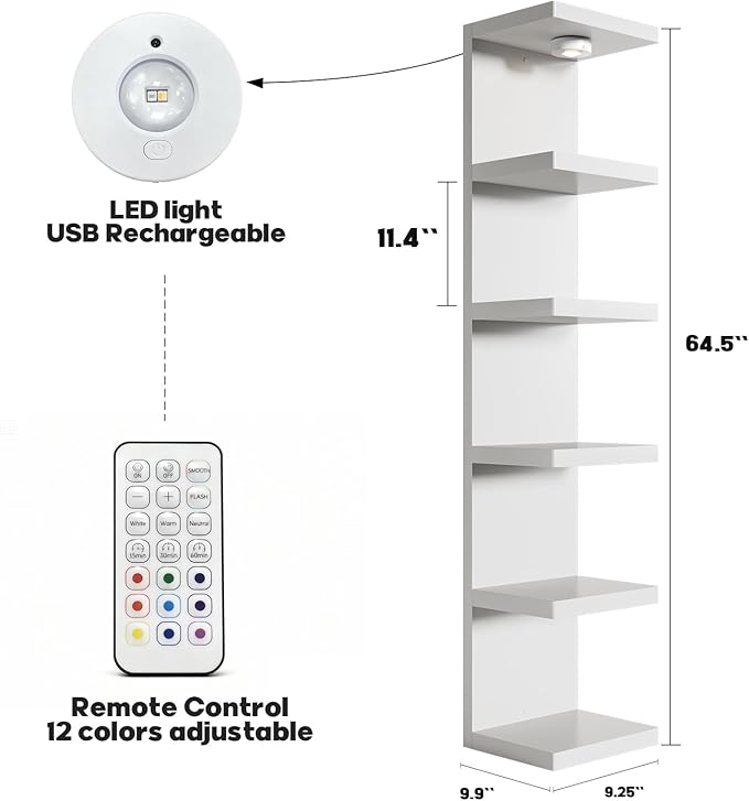 6-Tier Wall Shelf Unit with USB Rechargeable Led Light (Remote Controlled),Versatile Floating Display Shelves,Lack Style Wall Shelves for Bedroom,Living Room,Office Decor,Vanity-White
