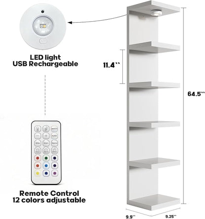 2 Pack 6-Tier Versatile Wall Shelf Unit with USB Rechargeable Led Light (Remote Controlled),Vertical Floating Display Shelves,Lack Style Wall Shelves for Bedroom, Decor,Vanity-White