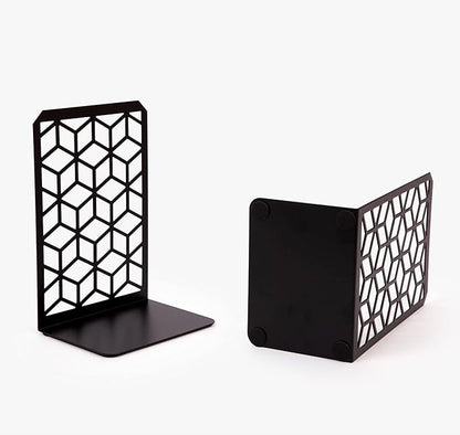 Geomod 3D Cube Black Metal Bookends Decorative for Heavy Books - Sturdy Boho Book Stops - Minimal Book Shelf Stopper - Durable Office Bookends - Weighted Metal Book Holders - 7x4.75 Inches - 1 Pair