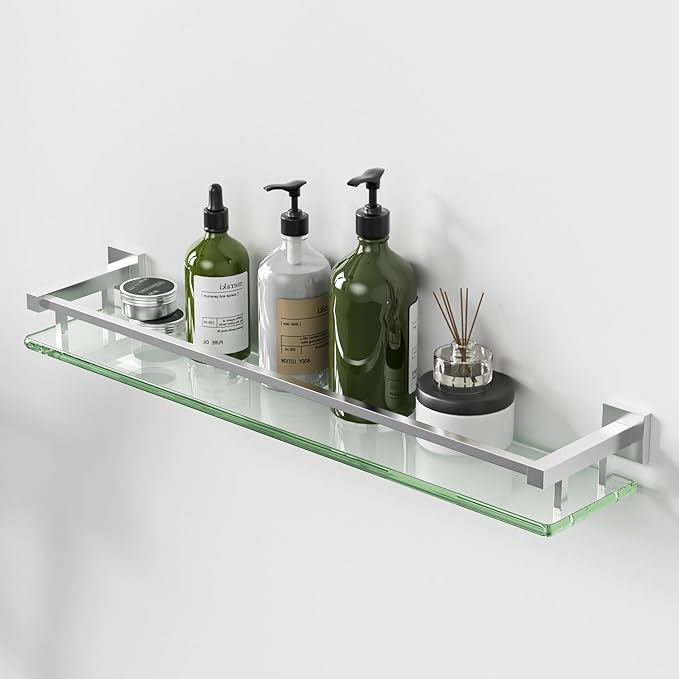 Alise Bathroom Shelf Wall Mounted, Brushed Nickel Large Capacity Glass Shelf for Bathroom, 24 inch
