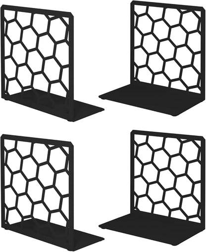 GEOMOD Geometric Honeycomb Black Metal Bookends Decorative - Tall Sturdy Book Ends for Shelves - Modern Heavy Duty Bookend Stopper - Office or Home Book Shelf Book Holder - 6x3.25x6.25 Inches - 2 Pair