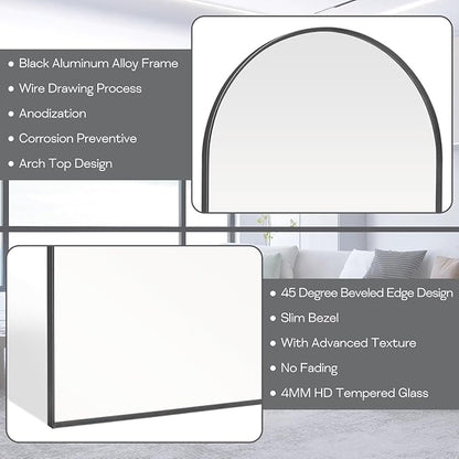 Large Black Arched Mirror, 30" x 40" Modern Brushed Metal Frame Arch Wall Decorative Mirror, Arched Top Bathroom Vanity Mirror for Living Room Bedroom Fireplace Mantel, Tempered Glass