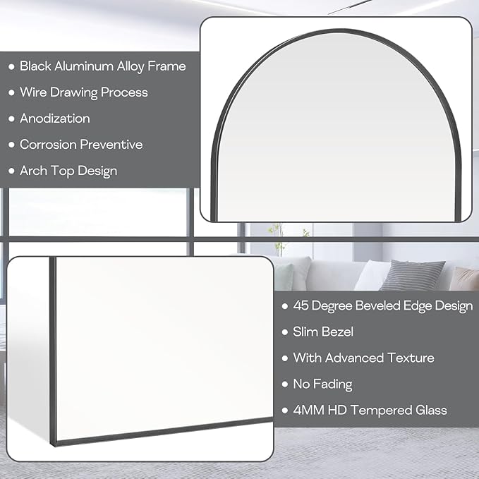 Large Black Arched Mirror, 30