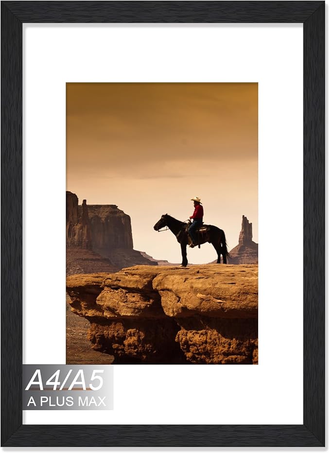 A PLUS MAX Black A4 Frame, Engineered Wood Frame Display Papaer Size A5 Picture with Mat or A4 without Mat, A4 Frame with Wood-grain for Photo 8.3 x 11.7 inch for Wall - 1 Pack
