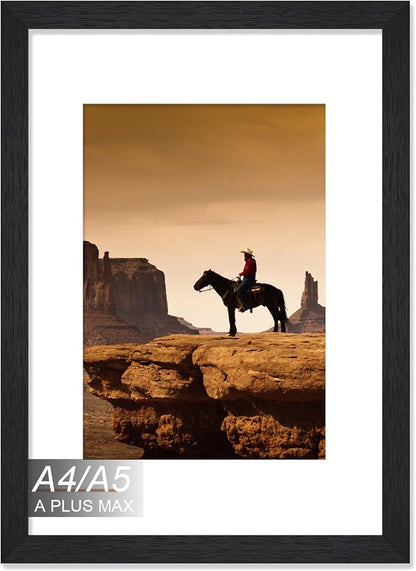 A PLUS MAX Black A4 Frame, Engineered Wood Frame Display Papaer Size A5 Picture with Mat or A4 without Mat, A4 Frame with Wood-grain for Photo 8.3 x 11.7 inch for Wall - 1 Pack