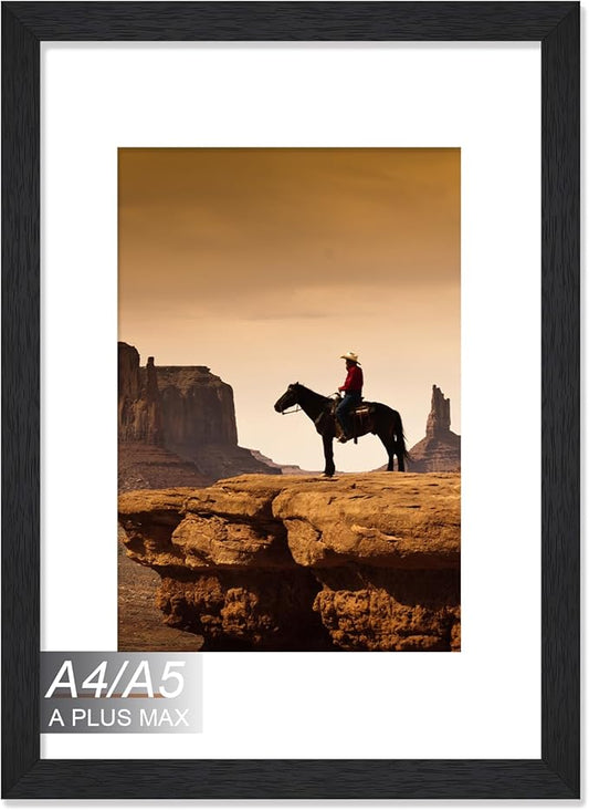 A PLUS MAX Black A4 Frame, Engineered Wood Frame Display Papaer Size A5 Picture with Mat or A4 without Mat, A4 Frame with Wood-grain for Photo 8.3 x 11.7 inch for Wall - 1 Pack