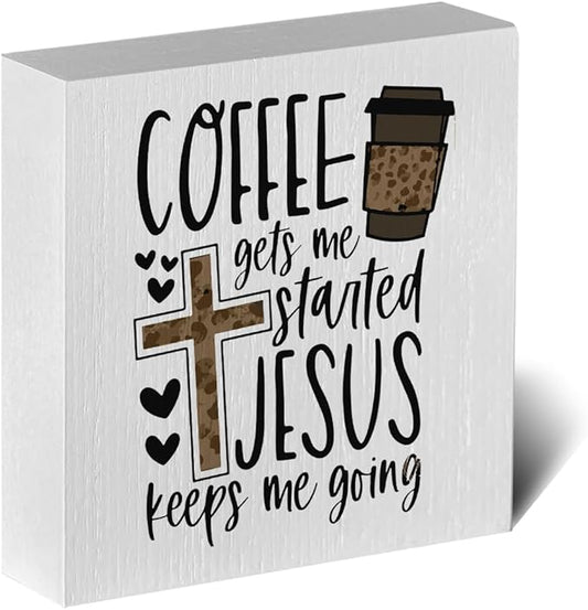 Christian Coffee Decor Wood Sign, Farmhouse Kitchen Wall Art with Inspirational Quote, Religious Rustic Wood Box for Coffee Bar, Shelf, Desktop