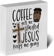 Christian Coffee Decor Wood Sign, Farmhouse Kitchen Wall Art with Inspirational Quote, Religious Rustic Wood Box for Coffee Bar, Shelf, Desktop
