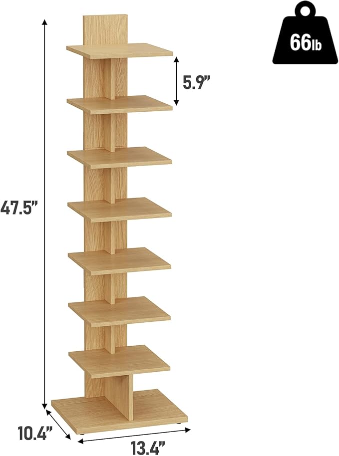 TUTOTAK Narrow Bookshelf, 8-Tier Bookcase, Spine Book Shelf for Small Space, Corner Standing Shelf for Living Room, Office, Study, Entryway, Natural BS06BN008