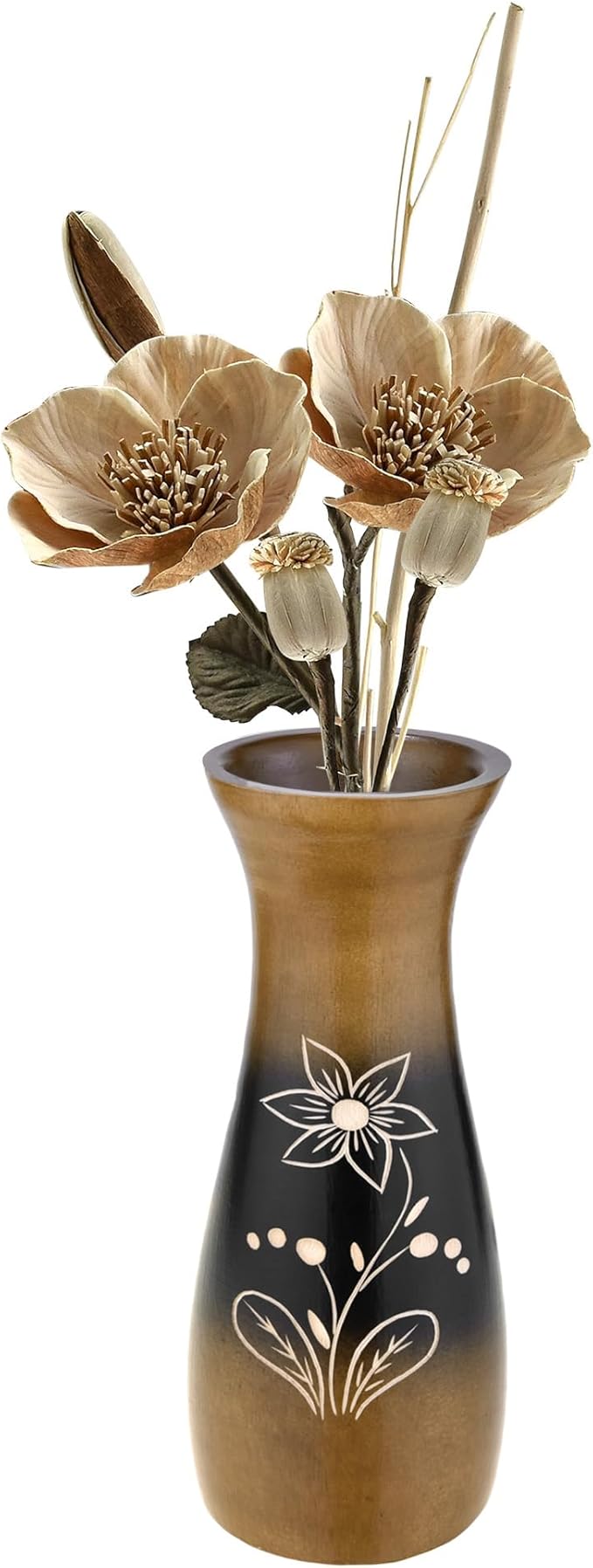 Rainforest Brown Hand Carved Lily Flower 8-inch Mango Tree Wood Vase (1 PC) | Modern Farmhouse Home Décor | Kitchen Bedroom Living Room Home Decoration