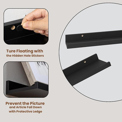 Heimlove Picture Ledge Shelf,48 inch Long Floating Shelves for Wall Set of 2,Black Picture Shelf with Lip for Wall Decor,Living Room,Bedroom,Bookshelf,Nursery,Perfume