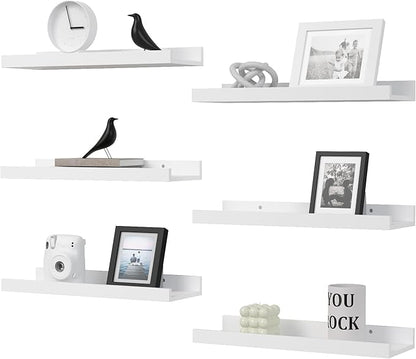 Floating Shelves Set of 6, White Wall Shelves with Lip, Display Shelves for Wall Decor, Modern Picture Ledge for Living Room, Bedroom, Nursery, Bathroom, Pictures, Books, Plants- White
