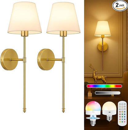 Wireless Wall Sconces Set of 2 with Remote — Gold Pleated Shades Cordless Rechargeable E26 Bulbs, 12 RGB Colors + 3000K/4000K/6000K, Dimmable Wall Mounted Lamps for Bedroom Living Room Hallway