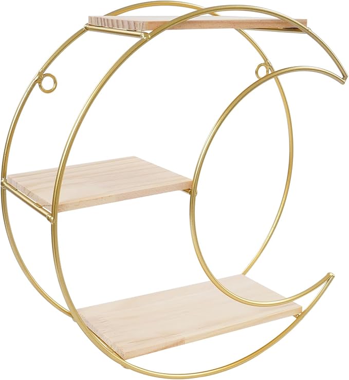 Floating Shelves Wall Mounted, 3-Tier Storage Display Rack Storage Display Rack Metal Wall Mount Display Organizer Holder for Home Decor,Gold (1, Round+ Moon)