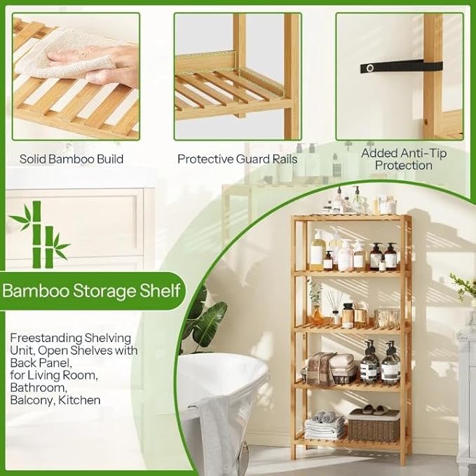 HOOBRO Bamboo Storage Shelf, 5-Tier Freestanding Shelving Unit, Multifunctional Storage Rack with Back Panel, 23.6 x 10.2 x 51.2 inches, for Bathroom, Living Room, Balcony, Kitchen, Natural YL96CJ01