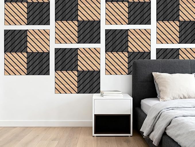 WoveN SounD Artisan Acoustic Wall Panels, 16 Pack 12x12 Inch, Wood Veneer Carved Sound Proof Wall Decor, Self-Adhesive for Home, Studio, Office & Focus Zones, Twill Pattern, Natural Oak