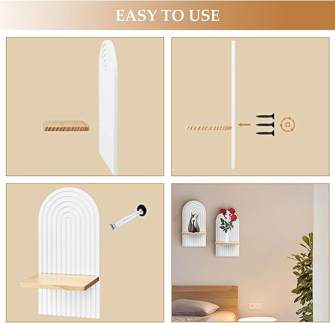 2 PCS Wall Mounted Plant Holder, Wooden Rainbow Plant Wall Shelf, Boho Wall Shelf Mid Century Arch Wood Floating Wall Shelf Decor for Bathroom, Bedroom, Kitchen (Wood-01)
