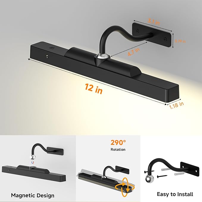 Picture Light, 4400mAh Black Rechargeable Battery Operated Wireless Art Light, Cordless Dimmable Remote Magnetic Lighting for Wall Art Frame Gallery (12 in, 2 Pack)