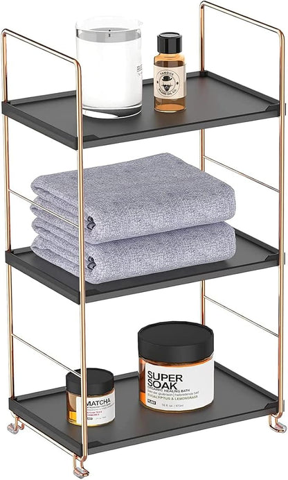 Plastic/Metal Freestanding Stackable Organizer Shelf,Bathroom Countertop Storage Shelf Cosmetic Organizer Holder Kitchen Spice Rack,3-Tier Standing Rack (Rose Gold@Black)