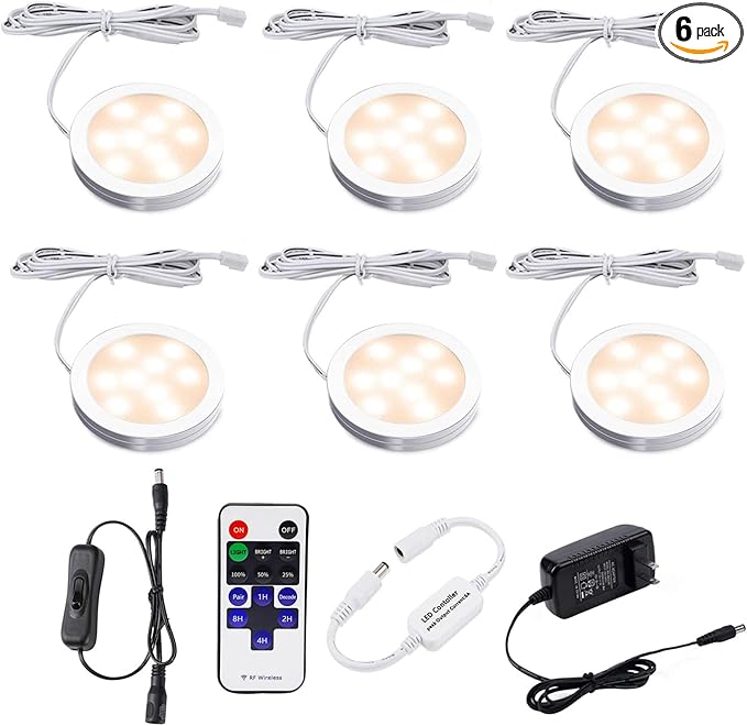 AIBOO Dimmable LED Under Cabinet Lighting, Counter Showcase Kitchen Lighting Fixtures with 12V Plug in adapter and Dimmable Wireless Remote Control, 6 Ultra Slim Puck Lights Kit (Warm White)