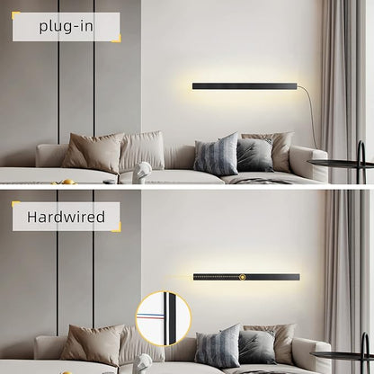 Modern Plug in Long Wall Sconce, 39" Black Matte LED Wall Lights, 20W Warm White 3000K Acrylic Indoor Wall lamp, with 59" Plug Cable for Bedroom, Living Room, Hallway