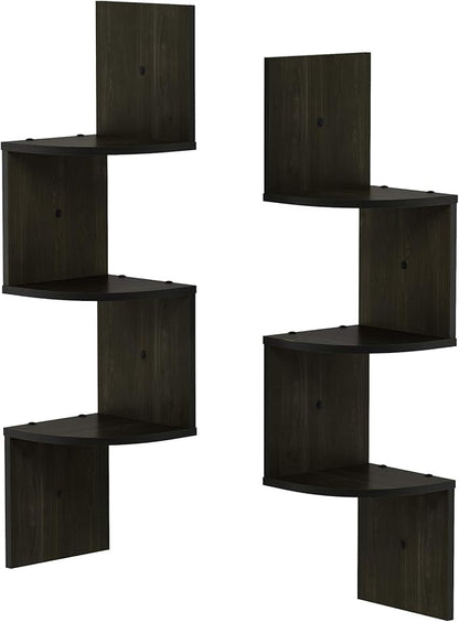 Furinno Rossi Wall Mount Floating Corner Shelf, 3-Tier Radial Set of 2, Espresso