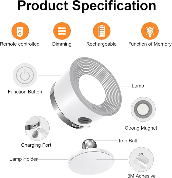 Moobibear LED Wall Lights with Remote, 3500mAh Rechargeable Battery Operated Wall Sconce, Dimmable 13RGB + 3 Color Temperature Magnetic Wireless Wall Lamp, for Rooms, Hallway (White, 1 PC)