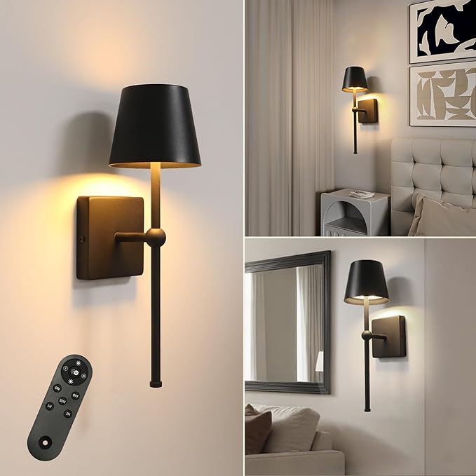 Battery Operated Wall Sconce Rechargeable Wireless Cordless Wall lamp Decor Set of one Black for Bedroom Living Room Bedside