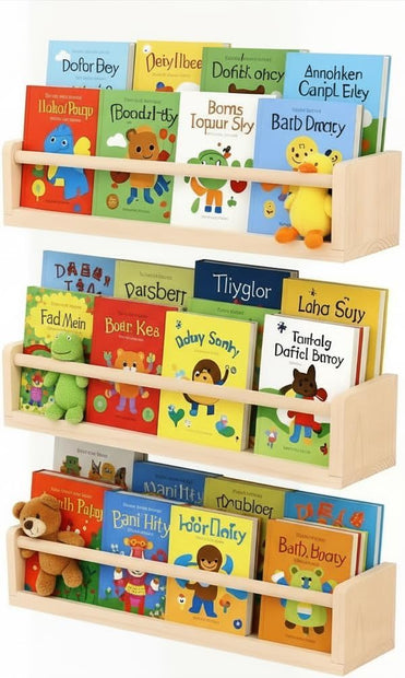 Natural Wood Nursery Floating Shelves Set of 3– Wall Mounted Kids Bookshelf & Toy Organizer – 16 Inch Rustic Pine Hanging Display Book Shelves for Bedroom, Playroom, and Baby Decor