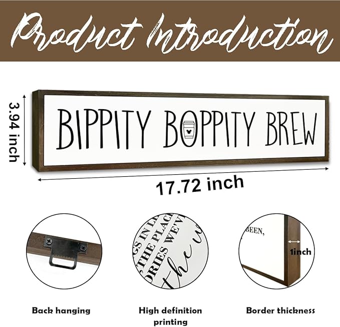 Coffee Wood Sign, Cute Coffees Decoration, Country Farmhouse Decor for Home Kitchen, Wooden Hanging Signs, Rustic Coffee Station Decor, Coffees Lover Gift, Bippity Boppity Brew Sign, 17.8x4x1.2 inches