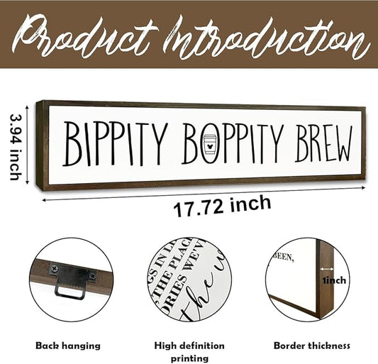 Coffee Wood Sign, Cute Coffees Decoration, Country Farmhouse Decor for Home Kitchen, Wooden Hanging Signs, Rustic Coffee Station Decor, Coffees Lover Gift, Bippity Boppity Brew Sign, 17.8x4x1.2 inches