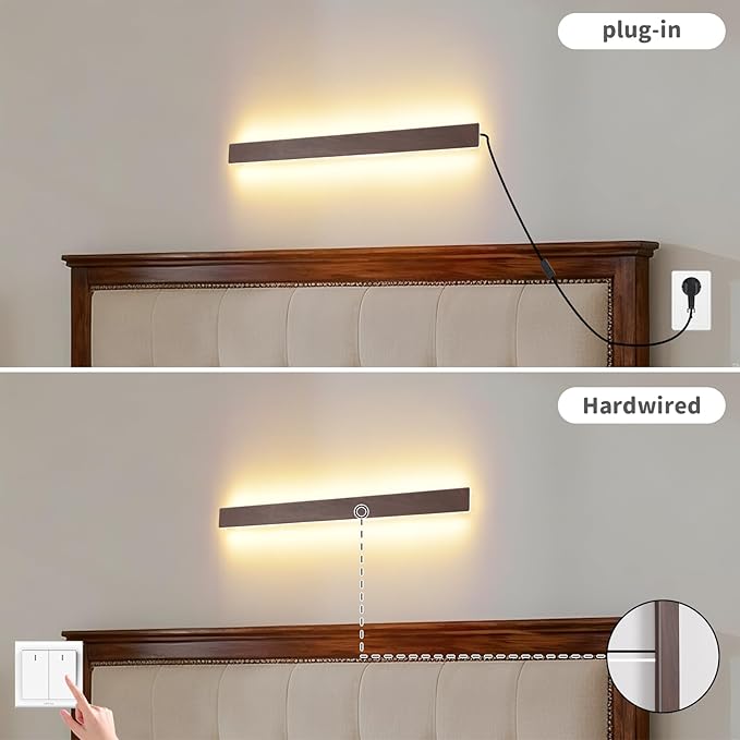 Farmhouse Plug in Wall Sconces, 23.6 inch Faux Walnut Finish LED Long Wall Lights, 12W Warm White 3000K Acrylic Indoor Wall lamp,with 59