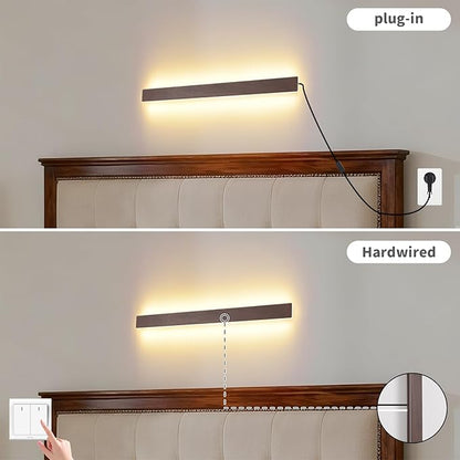 Farmhouse Plug in Wall Sconces, 23.6 inch Faux Walnut Finish LED Long Wall Lights, 12W Warm White 3000K Acrylic Indoor Wall lamp,with 59" Plug Cable for Bedroom, Living Room, Bathroom Makeup, Hallway