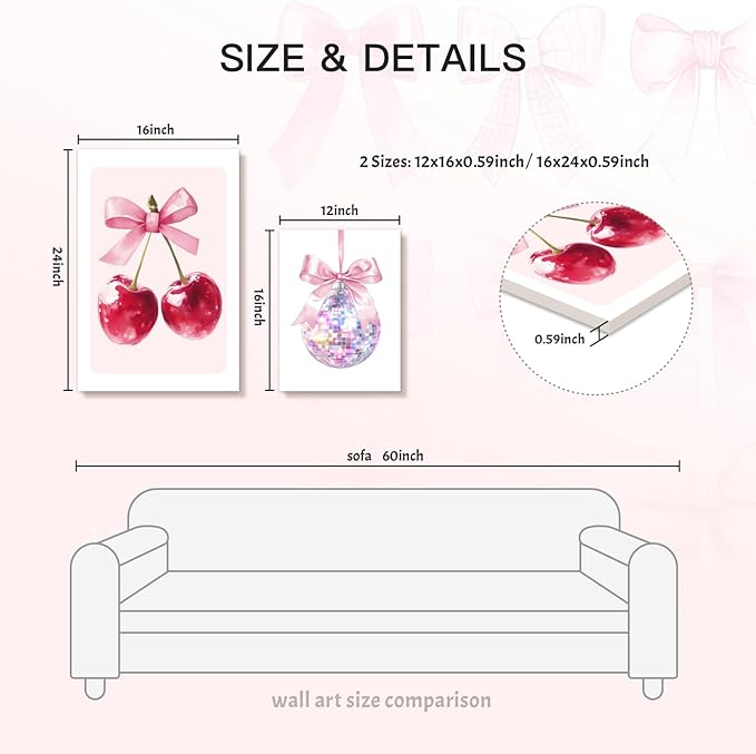 Zeredi Framed Pink Coquette Bow Trendy Preppy Wall Art Prints Set of 3, Coquette Room Decor, Preppy Room Dorm Decor Aesthetic, Pink Bow Cherry Disco Ball Wall Decor Posters for Girls Bedroom 16