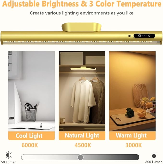 Rechargeable Magnetic LED Light Bar with Remote, Under Cabinet Lighting Wireless, Battery Powered Operated Wall Strip Lights, Dimmable Desk Lamp for Picture Mirror Closet Room – Gold