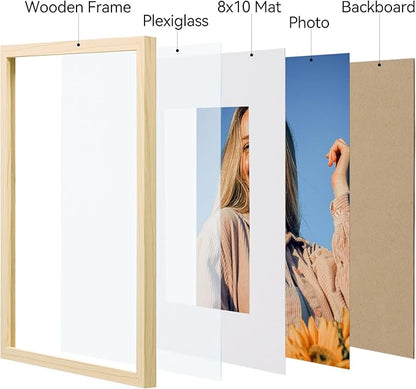Vittanly 11x14 Picture Frame Set of 4, Display Pictures 8x10 with Mat or 11x14 without Mat, Engineered Wood with Shatter Resistant Plexiglass, Photo Frames for Wall or Tabletop Display, Natural Wood