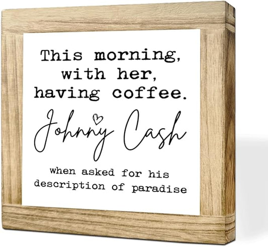 Wooden Coffees Sign This Morning With Her Having Coffee Rustic Style Coffees Quote Cafe Wall Art Ideal Coffee Lover Gift For Home Office Kitchen Bar Decor Square Farmhouse Style Wood Sign 5.9x5.9 Inch