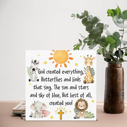 Baptism Gifts for Boy Girl - Christening Gifts for Girls Boys - Nursery Decor - God Crearted Everything Wood Sign Home Nursery Desk Table Shelf Baptism Decorations 5×5 Inches