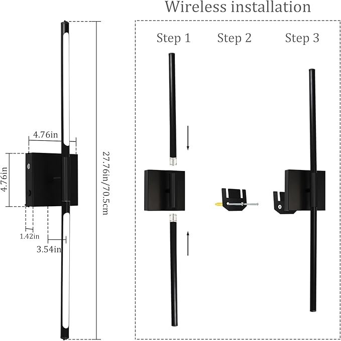 28 Inch Wall Sconces Set of 2 Battery Operated,10000mAh Black LED Wireless USB Rechargeable Wall Lights with Remote Control,360° Rotation LED Dimmable Picture Lamp for Living Room,Bedroom.