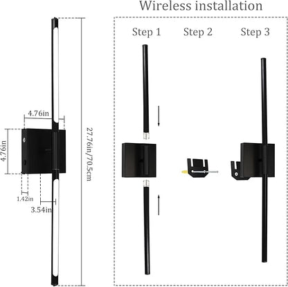 28 Inch Wall Sconces Set of 2 Battery Operated,10000mAh Black LED Wireless USB Rechargeable Wall Lights with Remote Control,360° Rotation LED Dimmable Picture Lamp for Living Room,Bedroom.