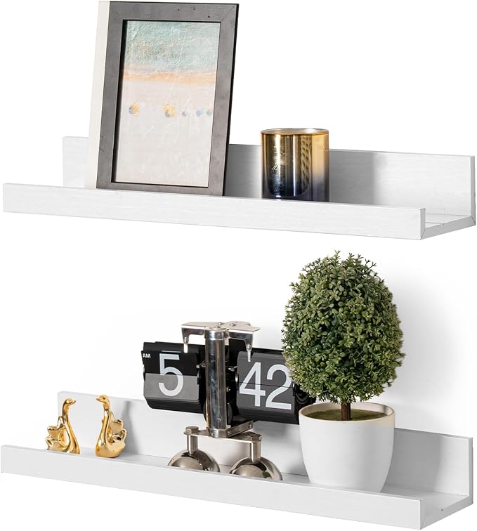 Muzilife 16" Floating Wall Ledge Shelves with Lip - Set of 2 Wood Floating Shelves - White Wall Mounted Picture Ledge for Office, Bathroom, Bedroom, Living Room, Kitchen