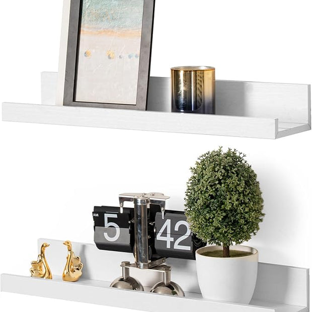 Muzilife 16" Floating Wall Ledge Shelves with Lip - Set of 2 Wood Floating Shelves - White Wall Mounted Picture Ledge for Office, Bathroom, Bedroom, Living Room, Kitchen