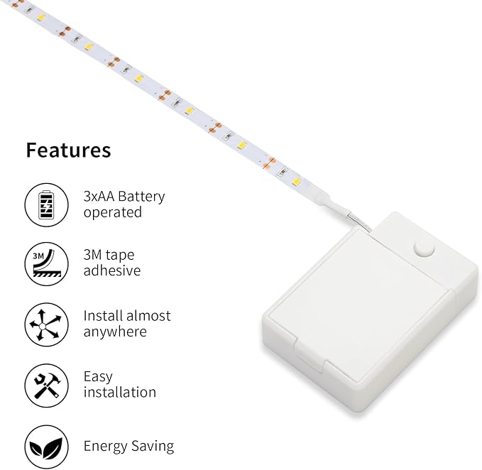3 Pack Battery Operated LED Strip Lights for Under Cabinet, Under Counter Click Light for Kitchen Cabinet Closet Shelves (Nature White) 4000K, Without Batteries