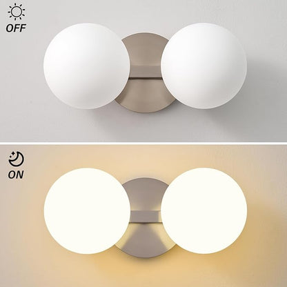 Globe Bathroom Vanity Light Fixtures: Nickel Wall Scones With 2 Milk Glass Shade - Modern Makeup Lighting Fixture over Mirror - Brass Ball Powder Room Vanities Lights for Hallway Bedroom Bulb Excluded