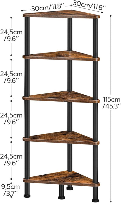 HOOBRO Corner Shelf Stand, Industrial 5-Tier Corner Bookshelf with Metal Frame, Plant Display Shelf, Small Bookcase for Small Spaces, Bedroom, Living Room, Rustic Brown BF33CJ01