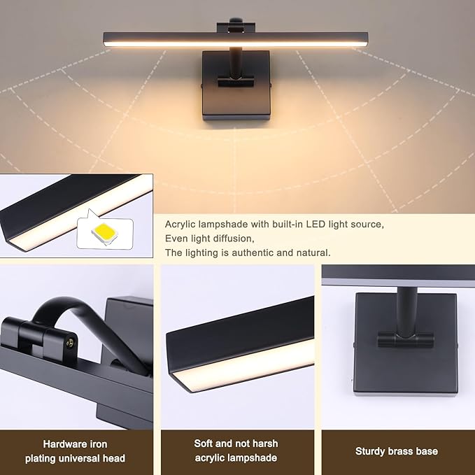 Black 15.7 Inch LED Dimmable Lights For Pictures On Wall Hard Wired Gallery Light Modern Artwork Wall Lamps, Warm White Picture Lights with Single Swing Arm Art Display Light For Paintings Portrait